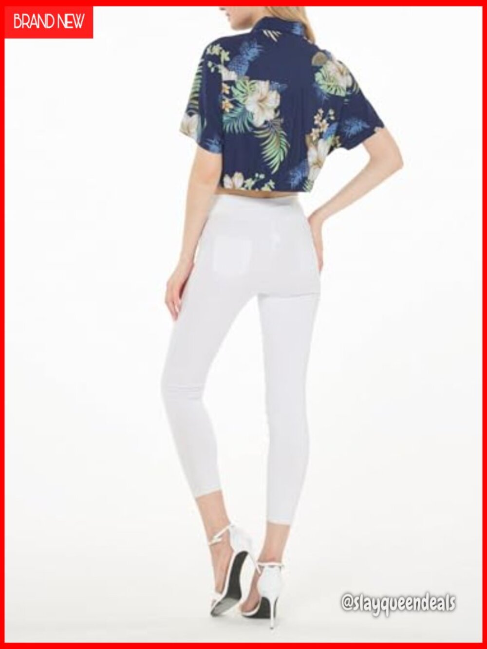 Printed Button Down Crop Top - Short Sleeve Blouse with Tie-Up Front - Picture 6 of 6